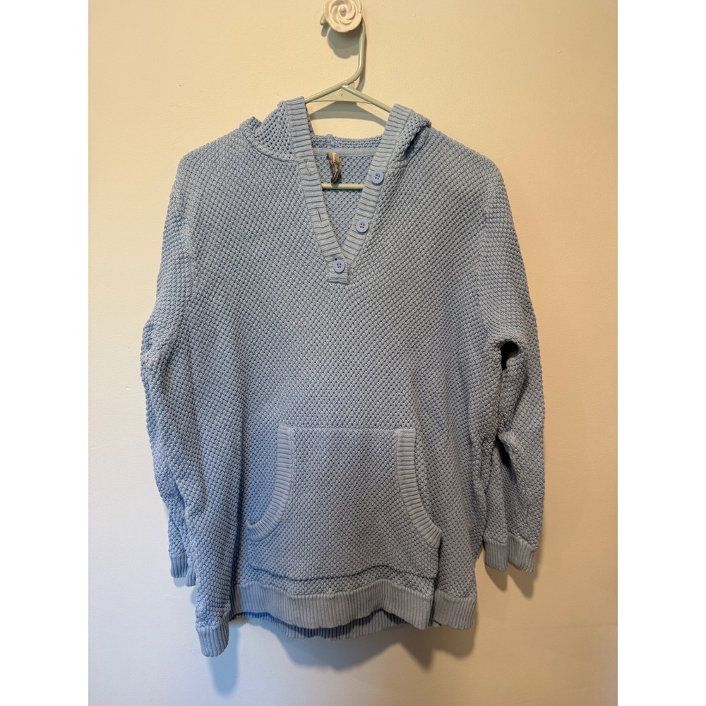 Hanna Andersson Womens XL Light Blue Cotton Knit Hoodie Henley Sweater Pocket